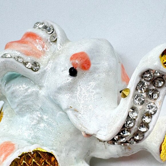 Bejeweled Enamel Hinged Trinket Box White & Gold Playful Elephant Rhinestones - Picture 2 of 9
